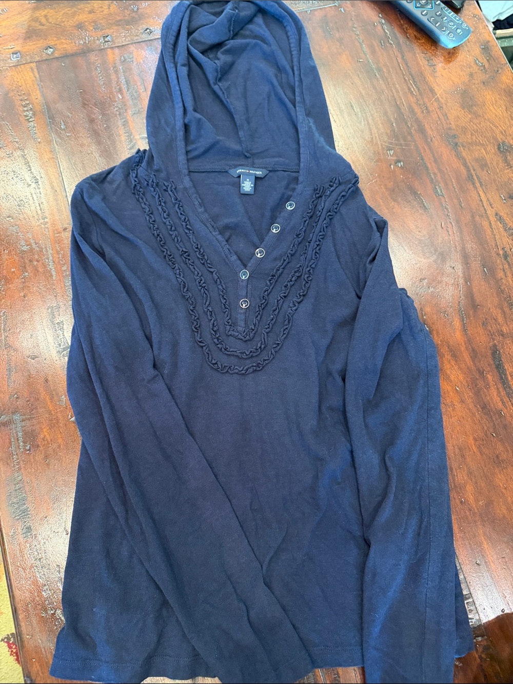 Tommy Hilfiger Navy Long-Sleeve Ruffle V-Neck Top with Hood